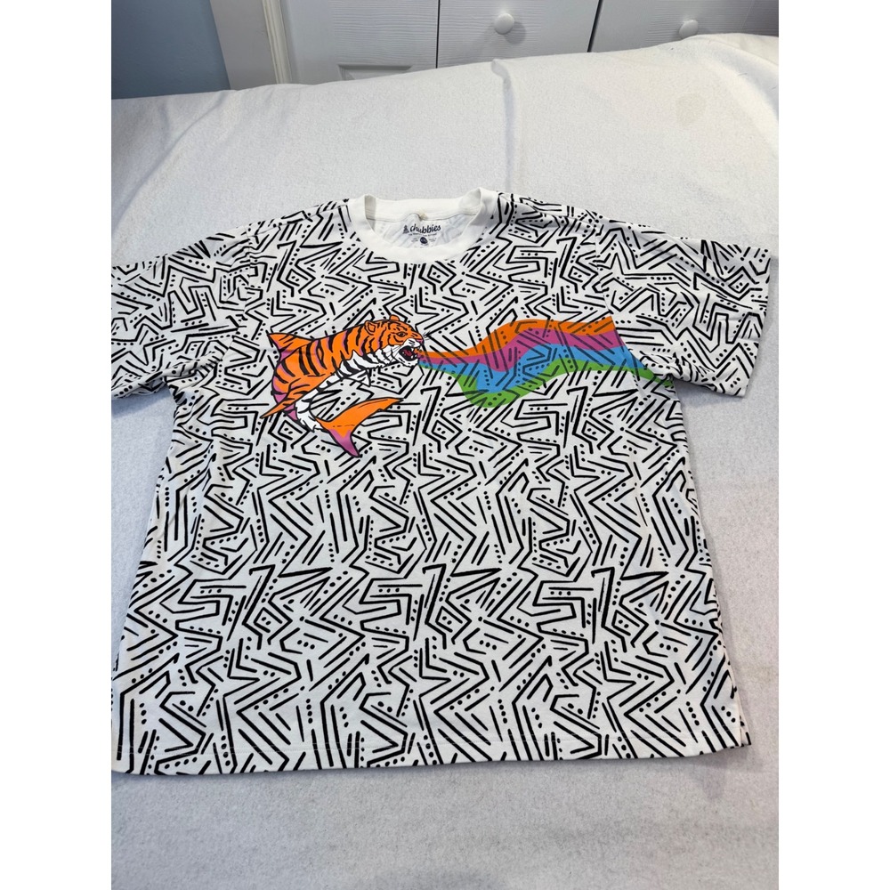 Chubbies Mens XXL Tiger Shark Rainbow All Over Print Graphic T-Shirt White Cotto